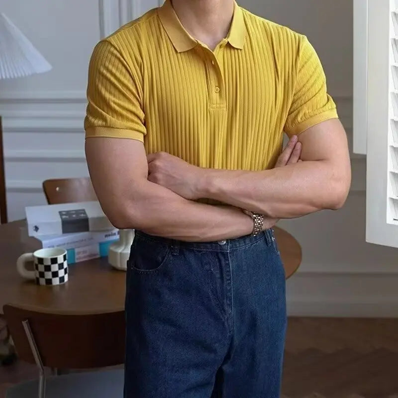 Vertical Stripe Knit Polo Shirt – Breathable Summer Short Sleeve for Men