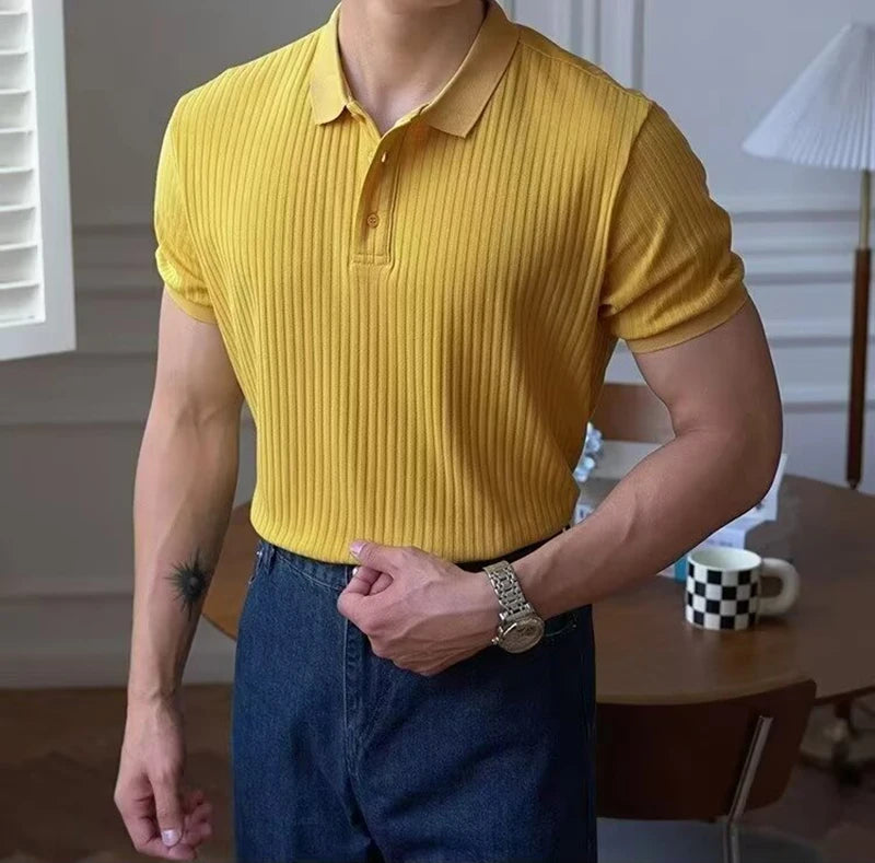 Vertical Stripe Knit Polo Shirt – Breathable Summer Short Sleeve for Men