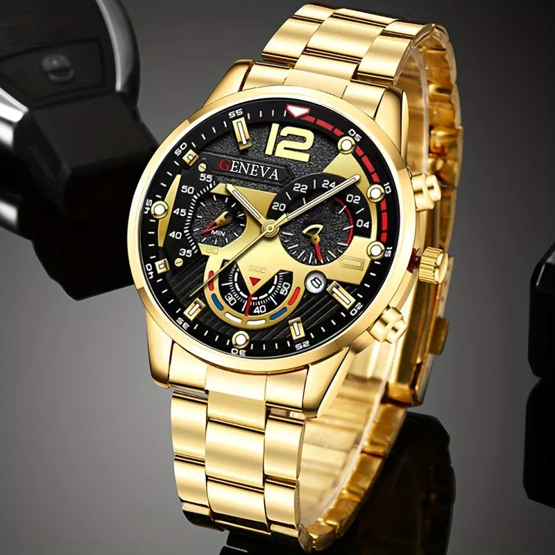 Luxury Men’s Gift Set – Gold Quartz Watch + Cross Necklace + Bracelet + Ring