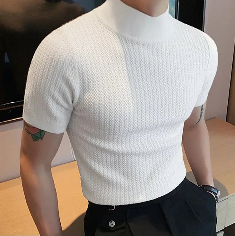 Men's Summer High Neck Knitted T-Shirt – Casual Water Ripple Design, Lightweight & Breathable