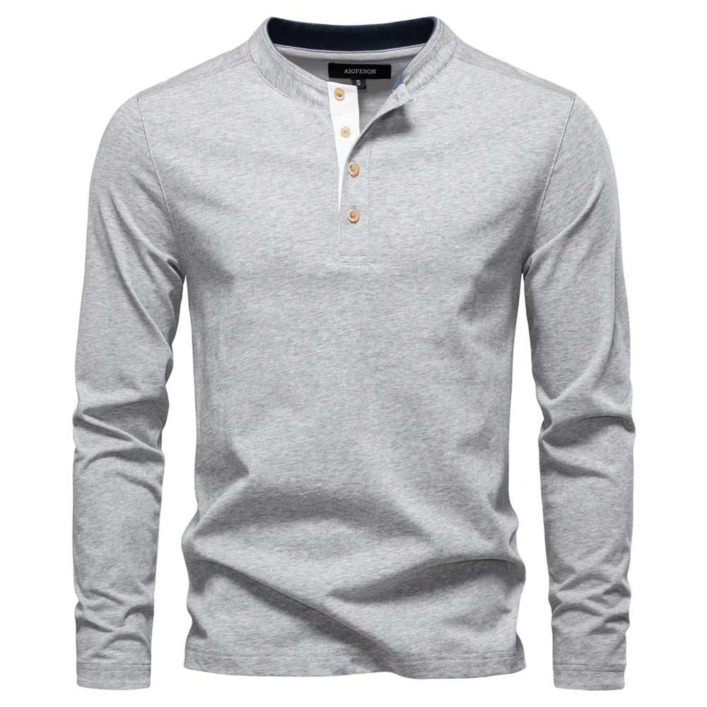 Men’s Long Sleeve Cotton T-Shirt AIOPESON  – Casual Henley Collar Basic Tee