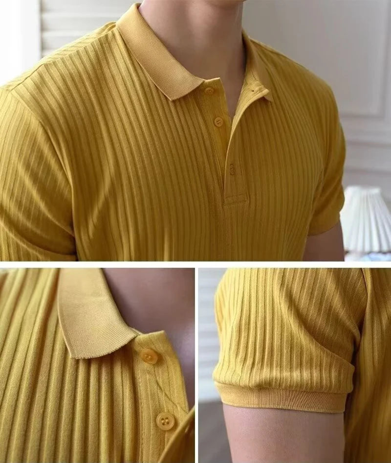 Vertical Stripe Knit Polo Shirt – Breathable Summer Short Sleeve for Men