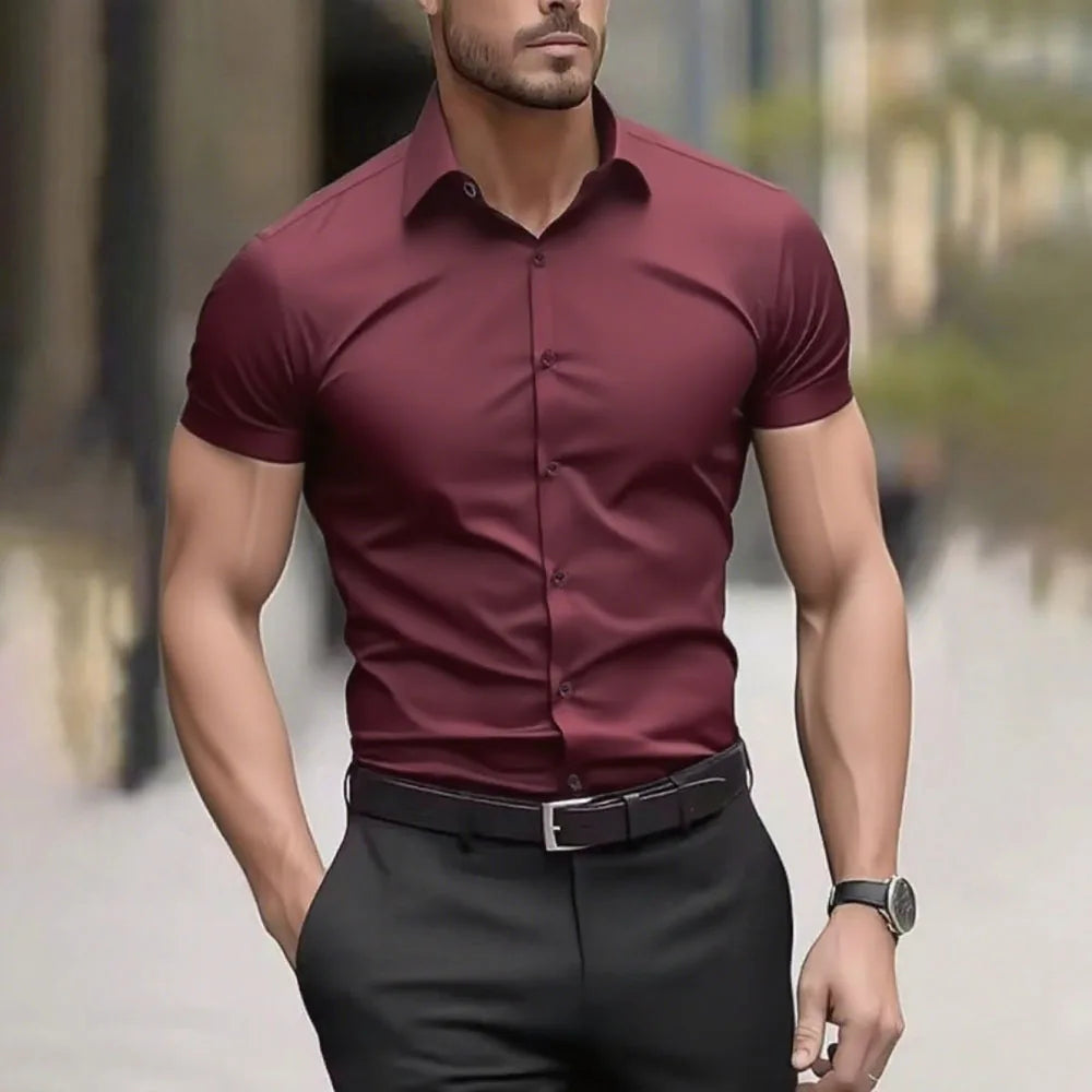 Men’s Solid-Color Casual Shirt – Short Sleeve Business & Smart Casual