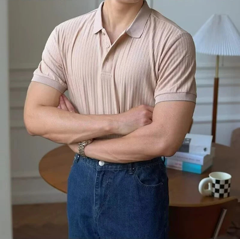 Vertical Stripe Knit Polo Shirt – Breathable Summer Short Sleeve for Men