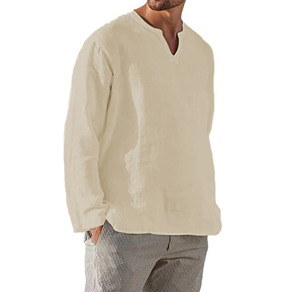 Men’s Cotton Linen Long Sleeve Shirt – Lightweight, Breathable V-Neck Casual Top