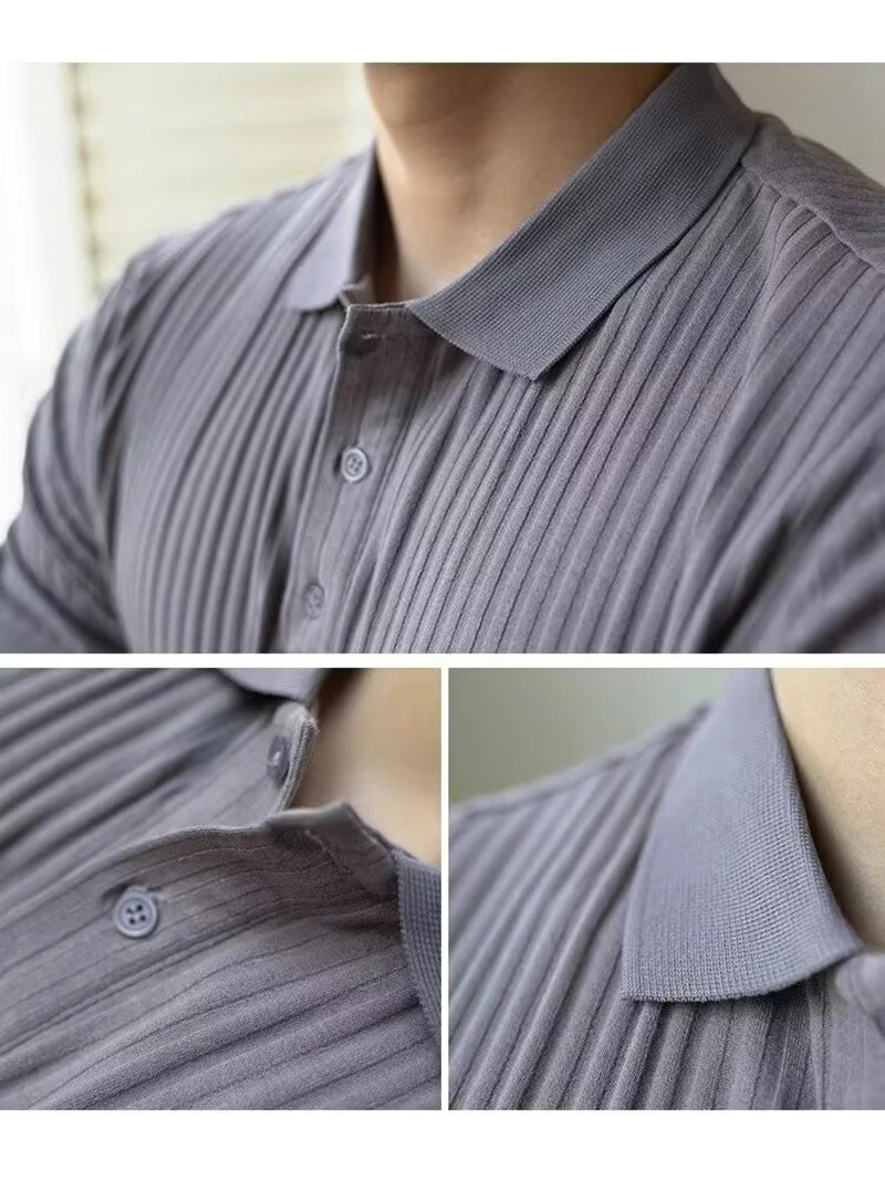 Vertical Stripe Knit Polo Shirt – Breathable Summer Short Sleeve for Men