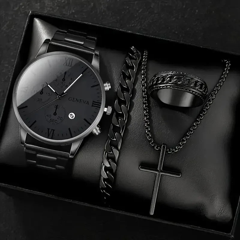 Luxury Men’s Gift Set – Gold Quartz Watch + Cross Necklace + Bracelet + Ring