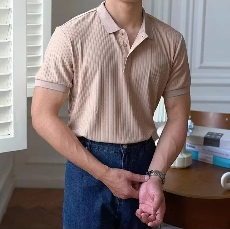 Vertical Stripe Knit Polo Shirt – Breathable Summer Short Sleeve for Men