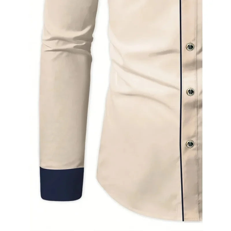Men’s Patchwork Business Shirt – Smart Casual Long Sleeve