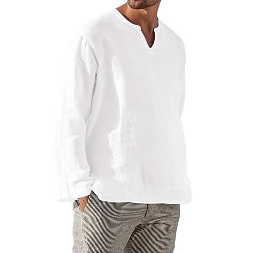Men’s Cotton Linen Long Sleeve Shirt – Lightweight, Breathable V-Neck Casual Top