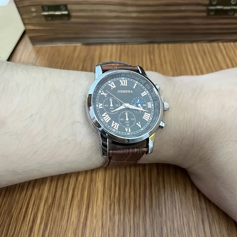 Geneva Men’s Luxury Watch – Leather Strap & Round Dial