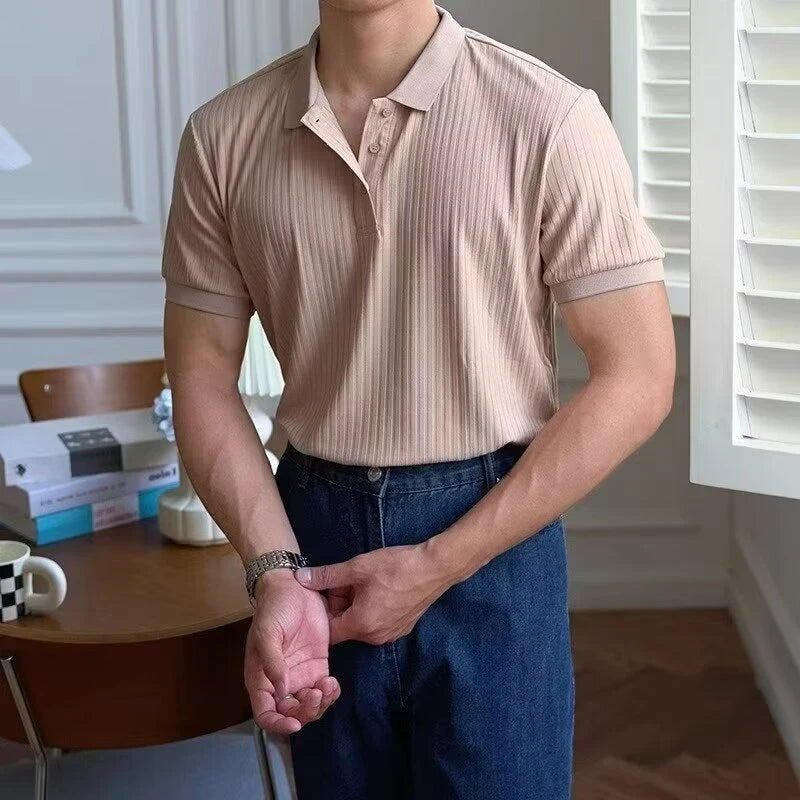 Vertical Stripe Knit Polo Shirt – Breathable Summer Short Sleeve for Men