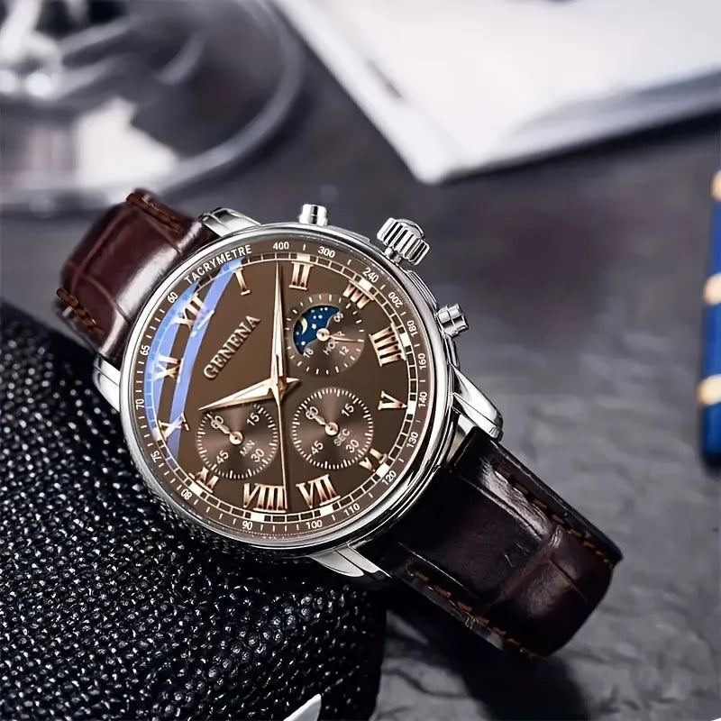 Geneva Men’s Luxury Watch – Leather Strap & Round Dial