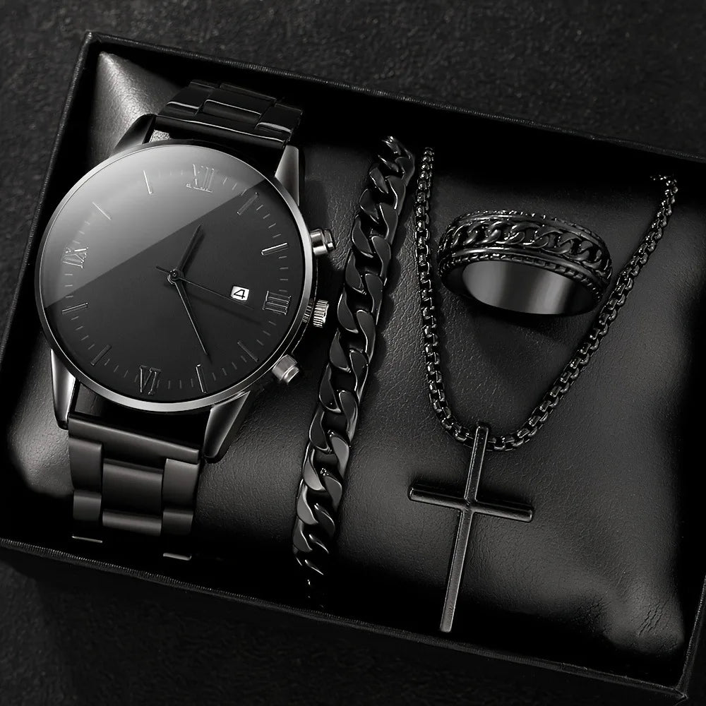 Luxury Men’s Gift Set – Gold Quartz Watch + Cross Necklace + Bracelet + Ring