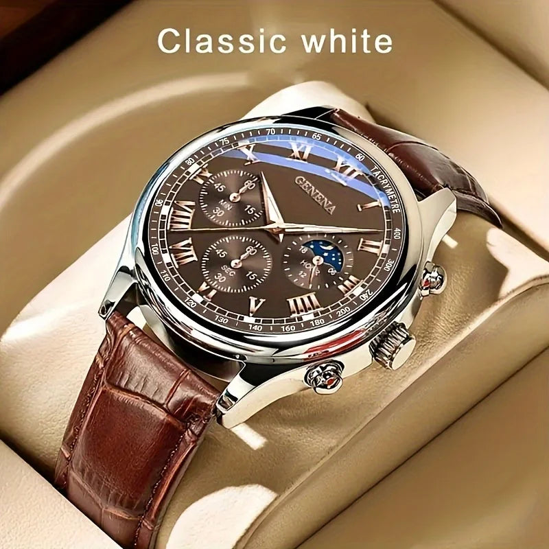 Geneva Men’s Luxury Watch – Leather Strap & Round Dial