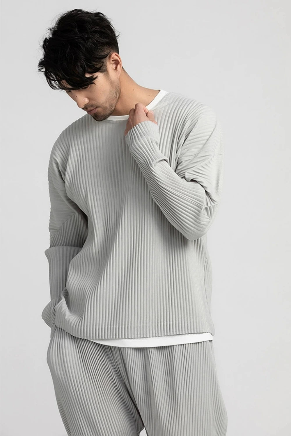 Pleated Long Sleeve T-Shirt – Japanese Streetwear Style Casual Top