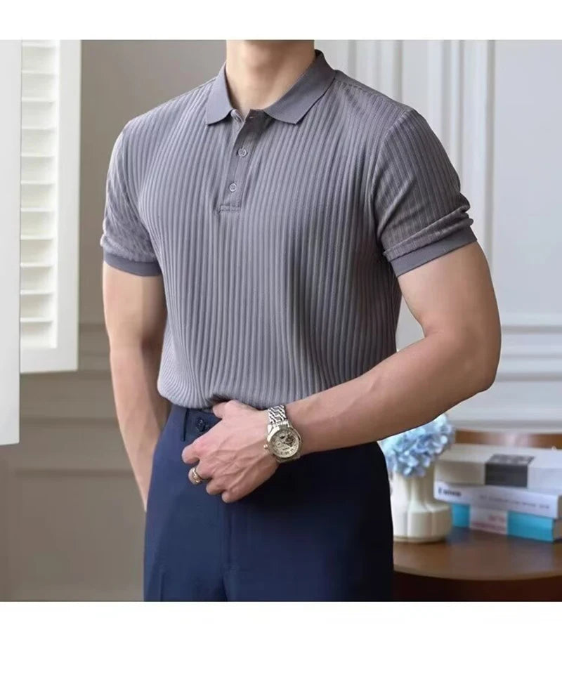 Vertical Stripe Knit Polo Shirt – Breathable Summer Short Sleeve for Men