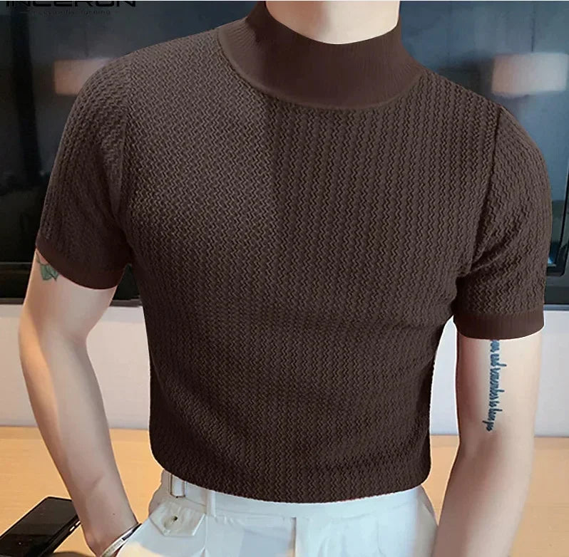 Men's Summer High Neck Knitted T-Shirt – Casual Water Ripple Design, Lightweight & Breathable
