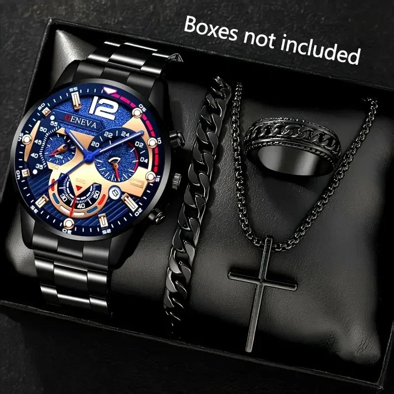 Luxury Men’s Gift Set – Gold Quartz Watch + Cross Necklace + Bracelet + Ring