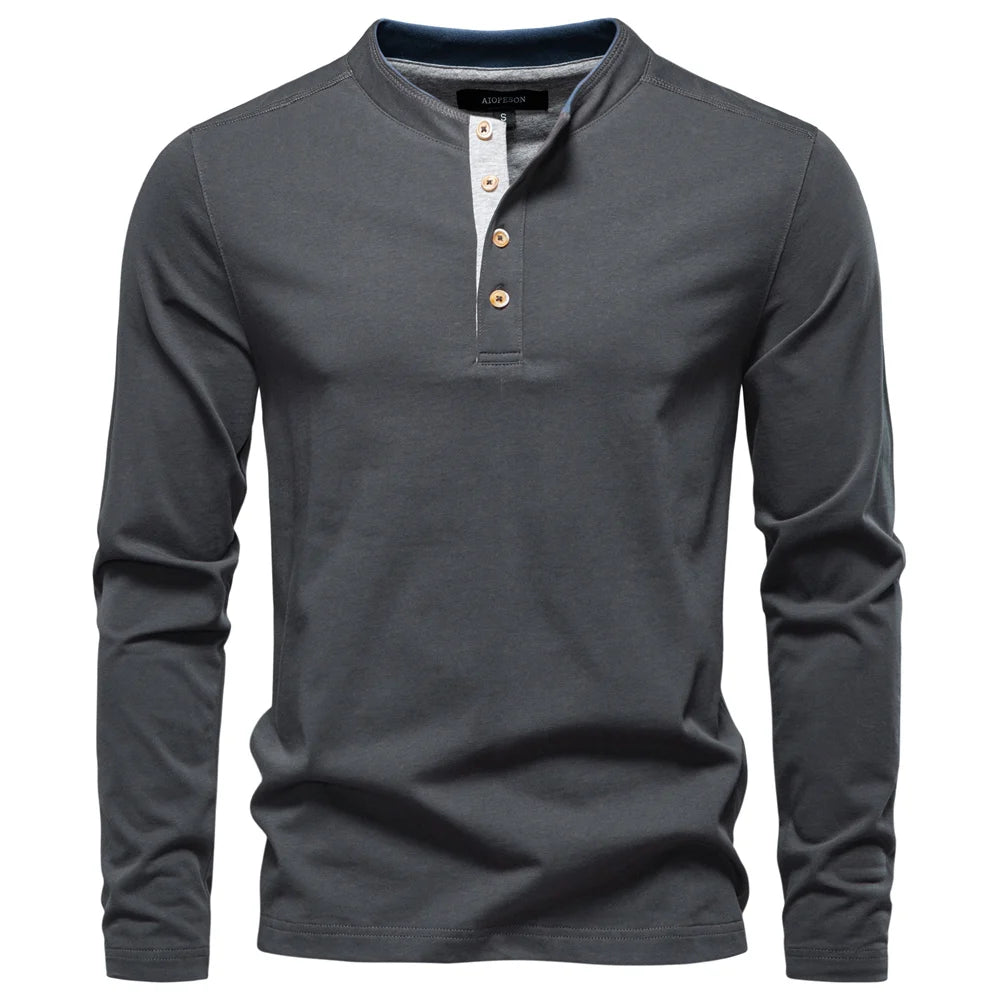 Men’s Long Sleeve Cotton T-Shirt AIOPESON  – Casual Henley Collar Basic Tee