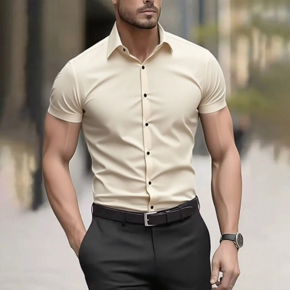 Men’s Solid-Color Casual Shirt – Short Sleeve Business & Smart Casual