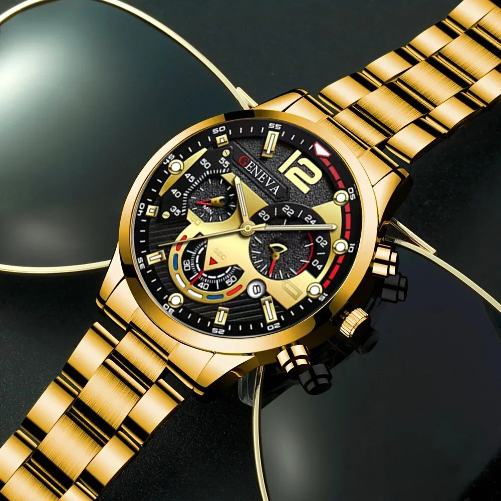 Luxury Men’s Gift Set – Gold Quartz Watch + Cross Necklace + Bracelet + Ring