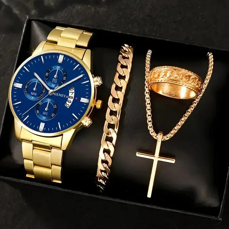 Luxury Men’s Gift Set – Gold Quartz Watch + Cross Necklace + Bracelet + Ring