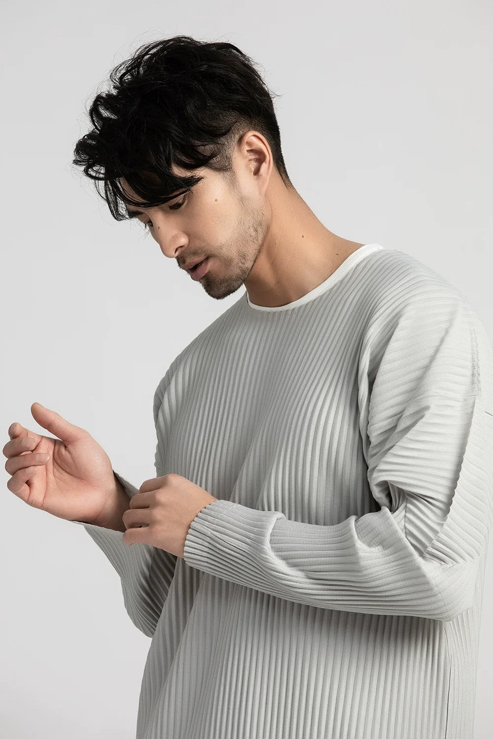 Pleated Long Sleeve T-Shirt – Japanese Streetwear Style Casual Top