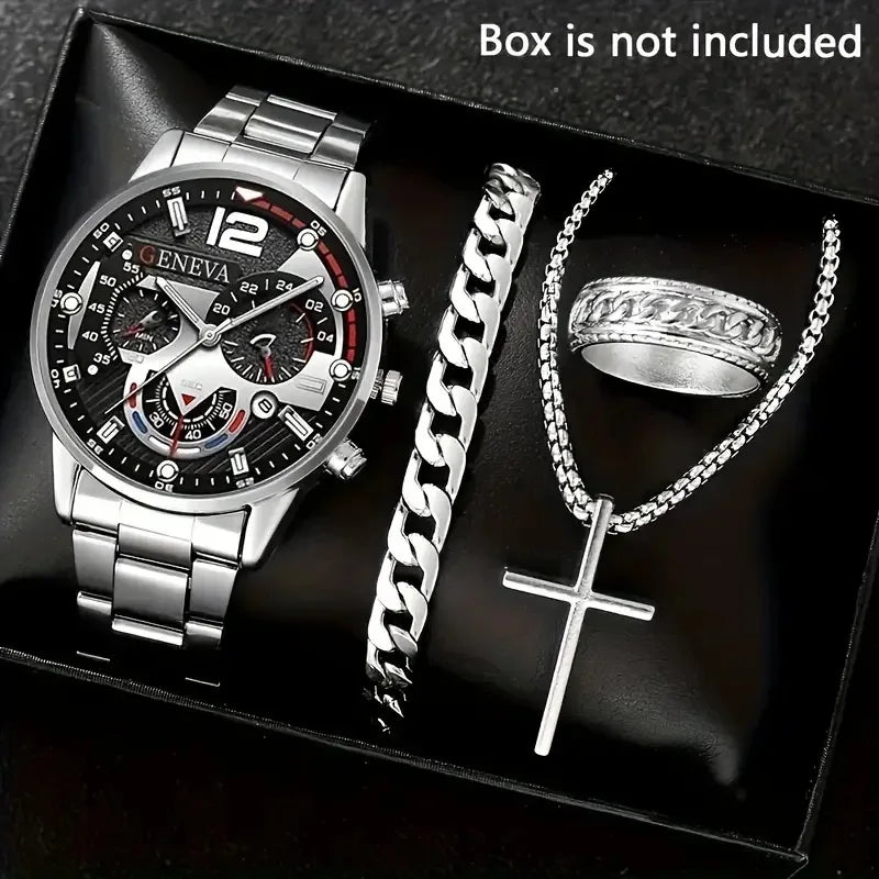 Luxury Men’s Gift Set – Gold Quartz Watch + Cross Necklace + Bracelet + Ring