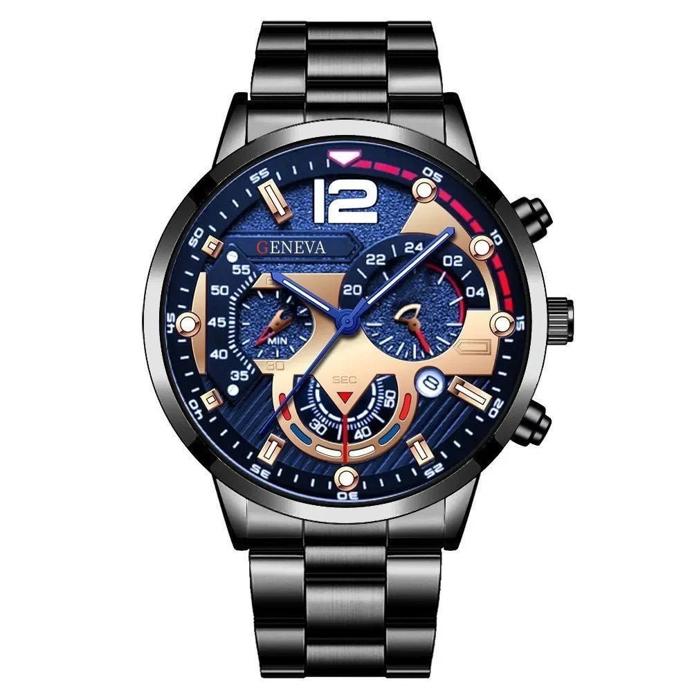Luxury Men’s Gift Set – Gold Quartz Watch + Cross Necklace + Bracelet + Ring