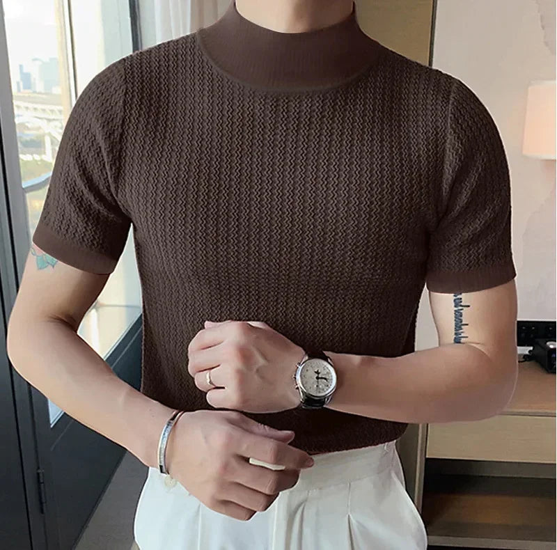 Men's Summer High Neck Knitted T-Shirt – Casual Water Ripple Design, Lightweight & Breathable
