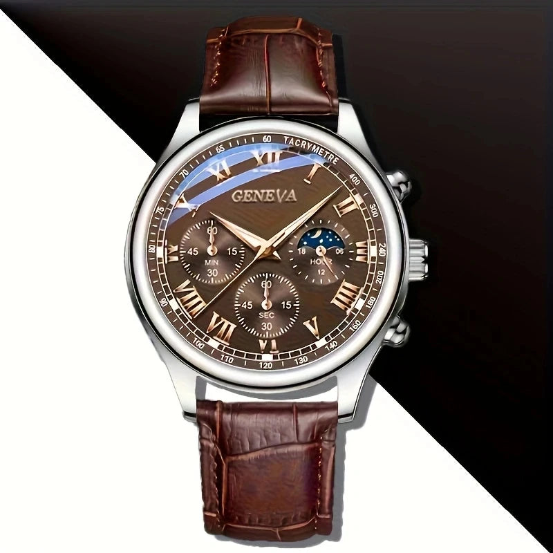 Geneva Men’s Luxury Watch – Leather Strap & Round Dial