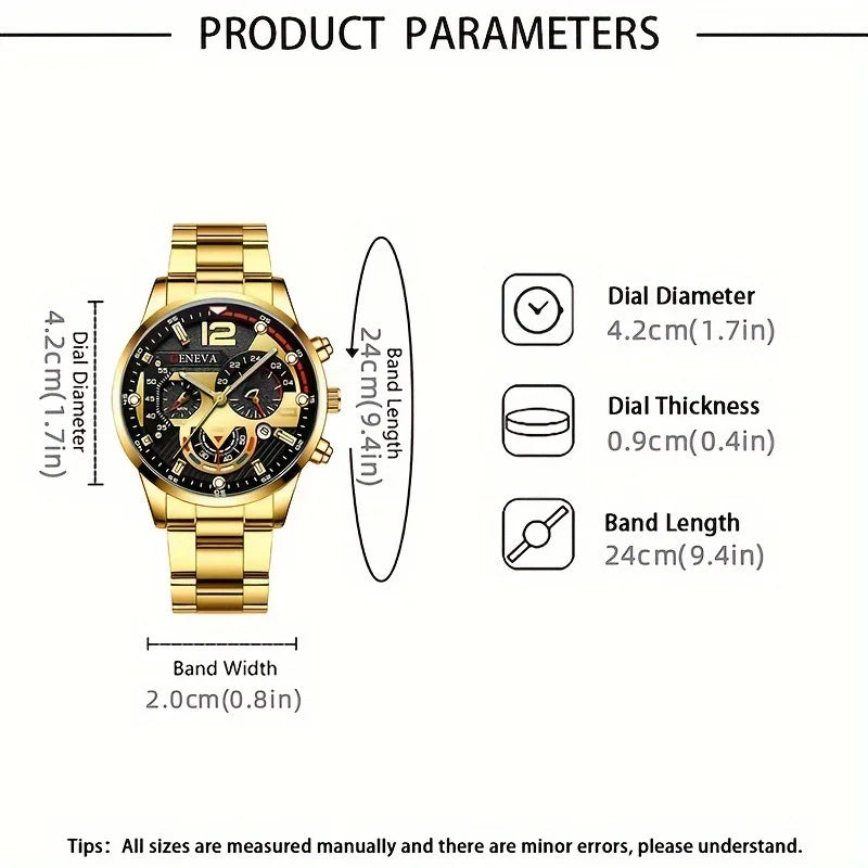 Luxury Men’s Gift Set – Gold Quartz Watch + Cross Necklace + Bracelet + Ring
