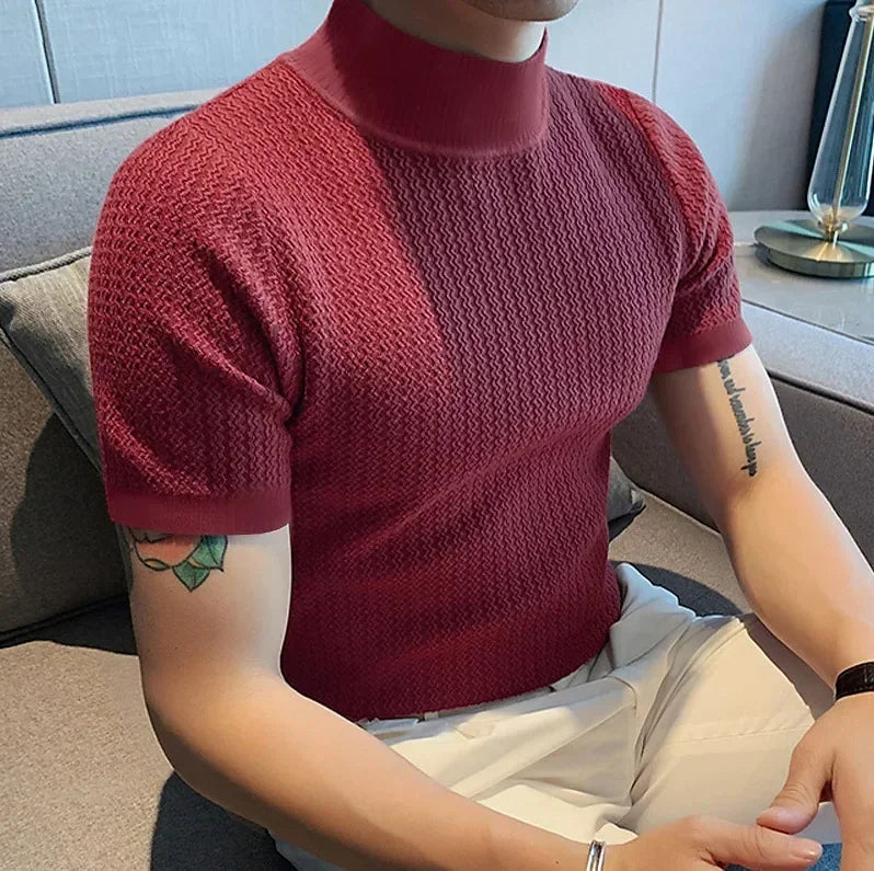 Men's Summer High Neck Knitted T-Shirt – Casual Water Ripple Design, Lightweight & Breathable
