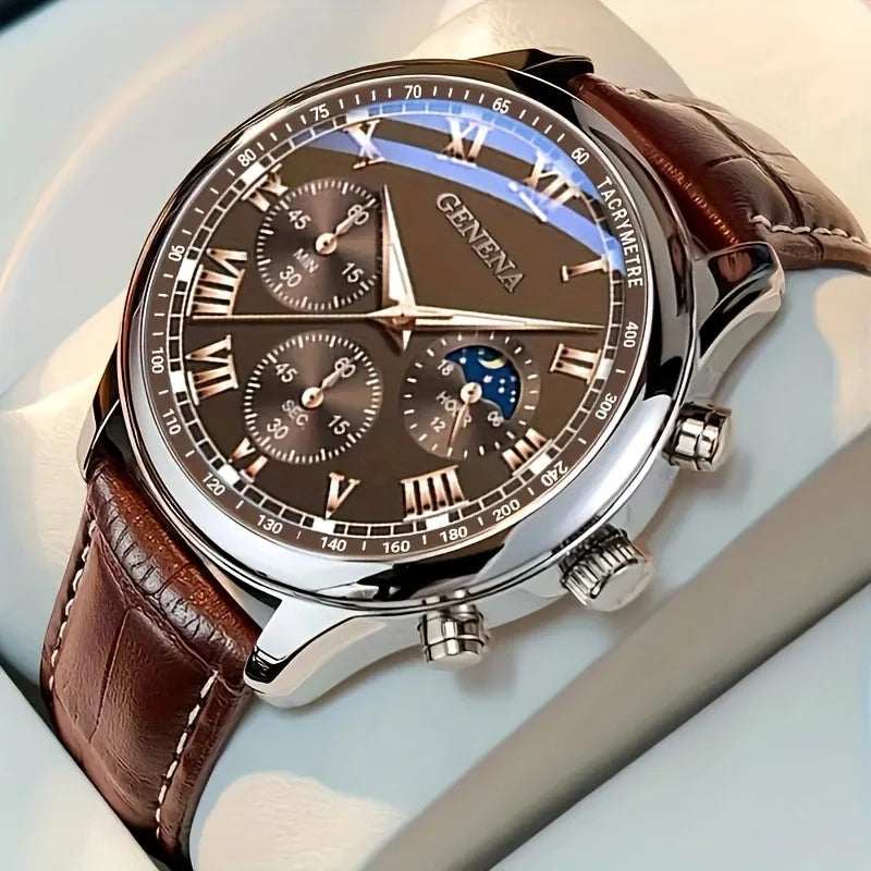 Geneva Men’s Luxury Watch – Leather Strap & Round Dial