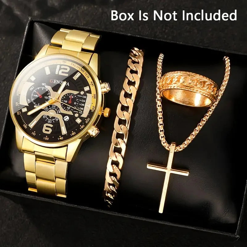 Luxury Men’s Gift Set – Gold Quartz Watch + Cross Necklace + Bracelet + Ring