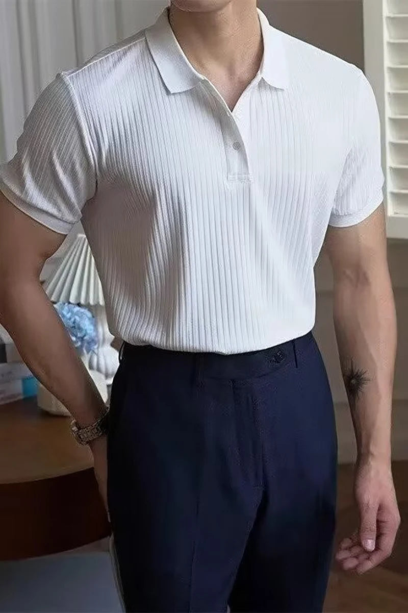 Vertical Stripe Knit Polo Shirt – Breathable Summer Short Sleeve for Men