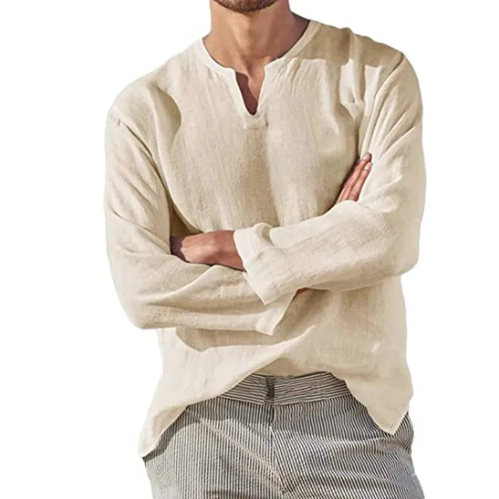 Men’s Cotton Linen Long Sleeve Shirt – Lightweight, Breathable V-Neck Casual Top