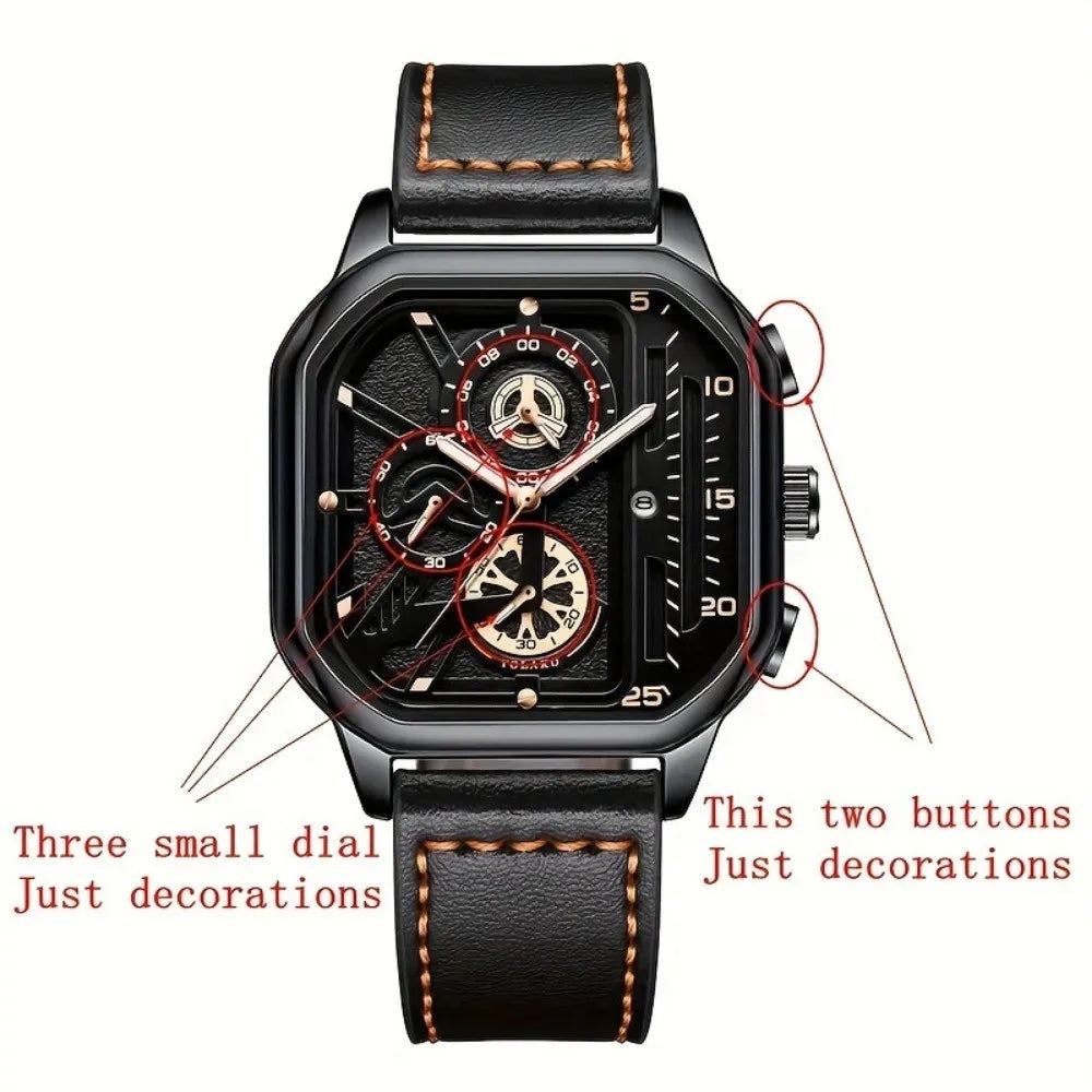 Luxury Big Dial Men’s Quartz Watch – Casual PU Leather Strap, Fashion & Sports Style