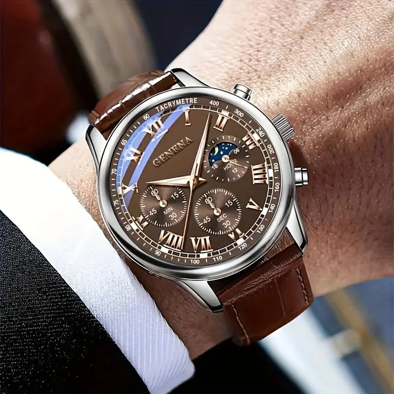 Geneva Men’s Luxury Watch – Leather Strap & Round Dial