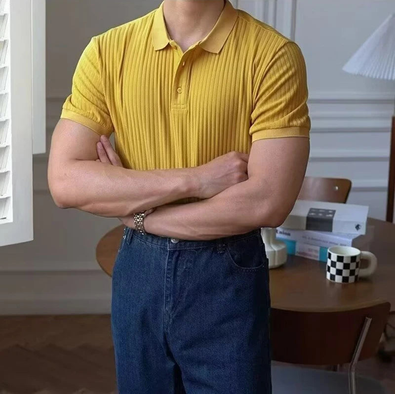 Vertical Stripe Knit Polo Shirt – Breathable Summer Short Sleeve for Men